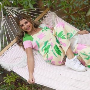 PEACH LOVE CALIFORNIA Tropical Print Denim Wide Leg Overalls